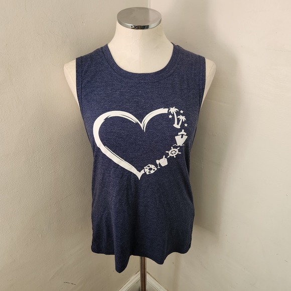 Unbranded Tops - Womens Navy Blue Heathered Heart Graphic Muscle Tank Top Small Nautical Tropical